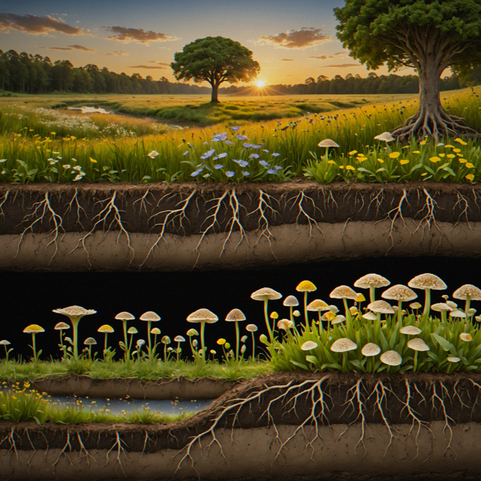 Root network diagram showing divergent root systems from different crop types spreading through soil layers