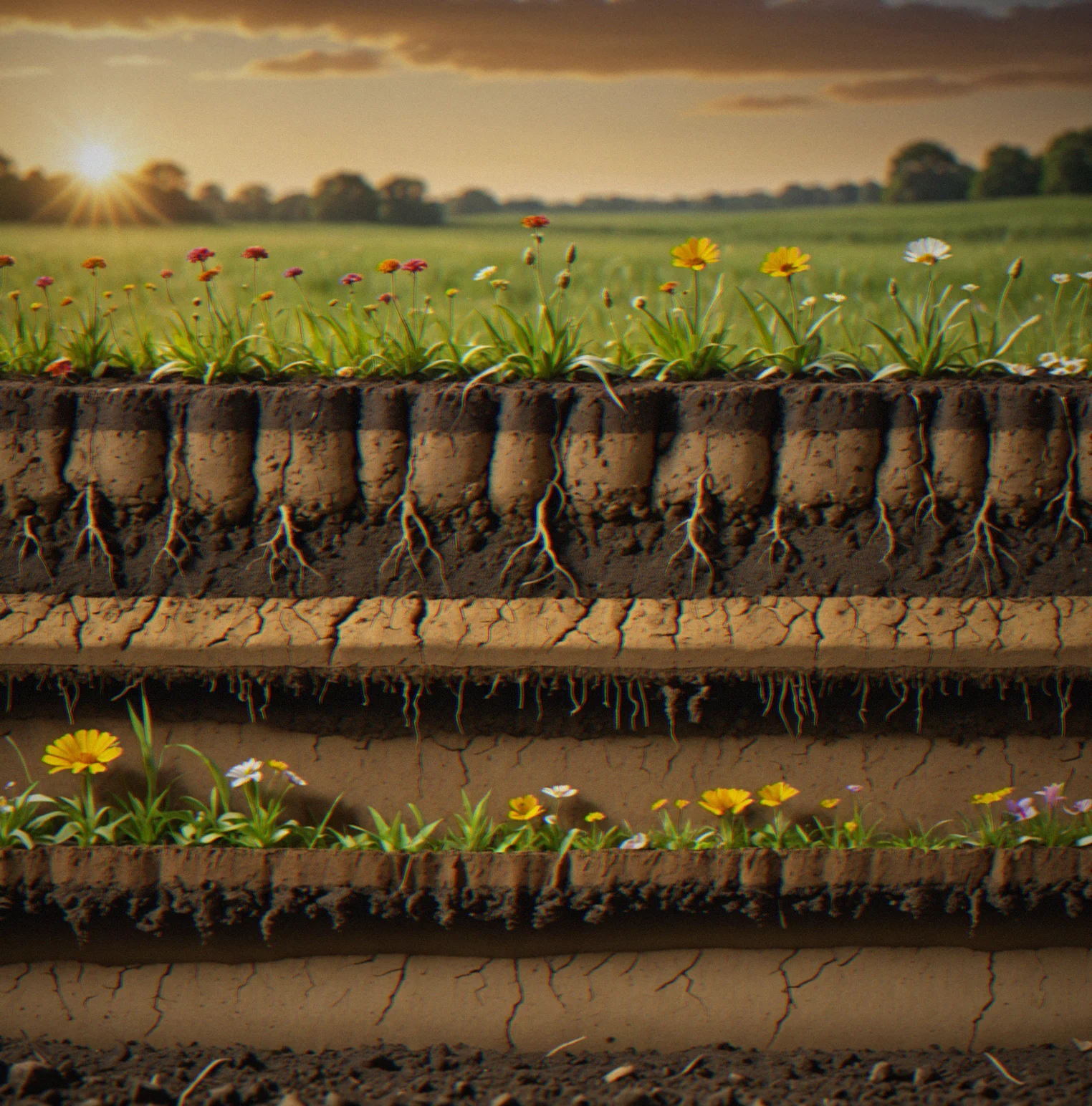 Cross-section of soil displaying four distinct layers with clay-heavy top layer shifting to sandy bottom, with creature silhouettes at different depths
