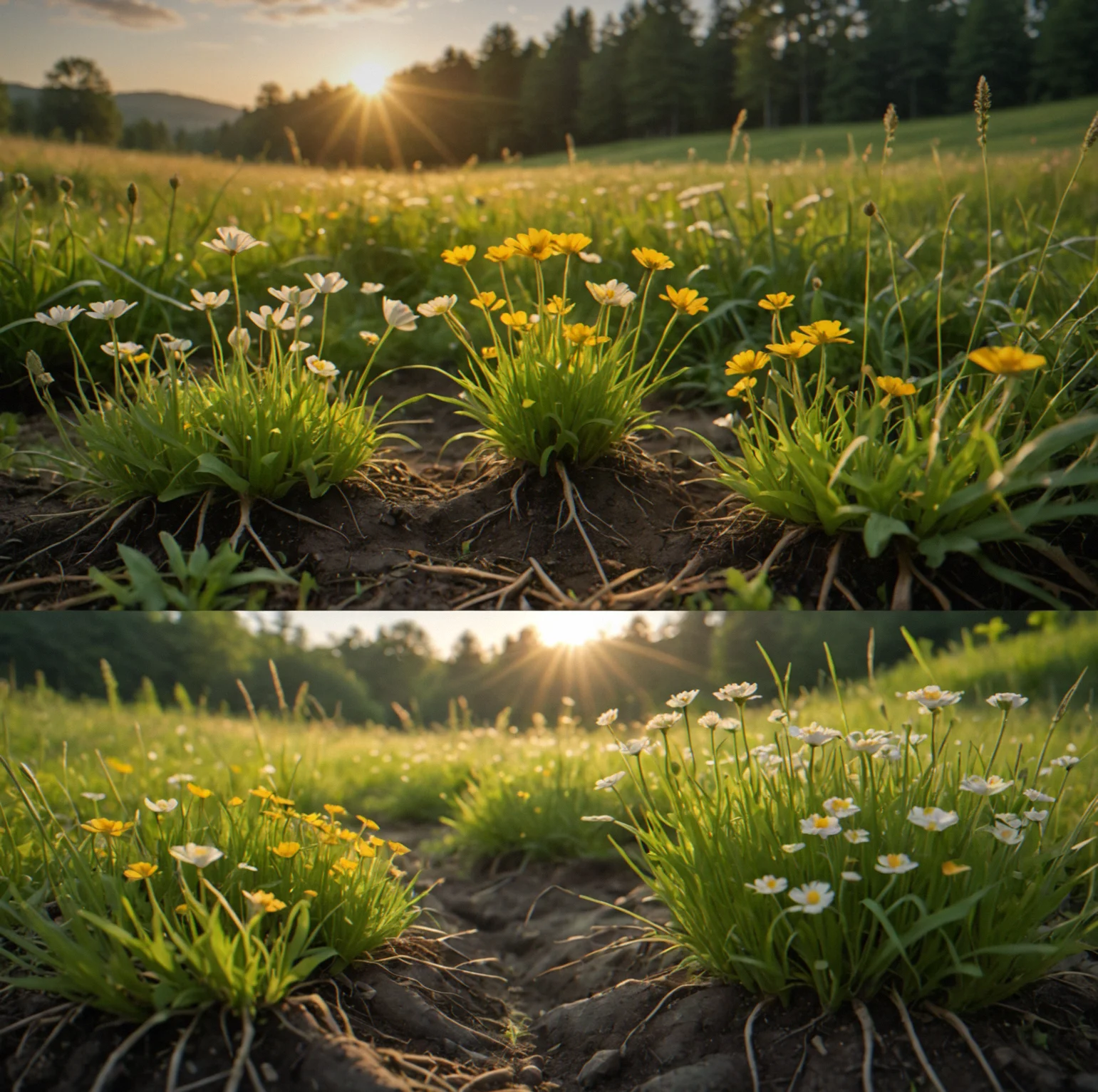 Seasonal transition showing root networks from spring planting contrasted with summer root expansion and visible fungal thread connections between adjacent plant roots