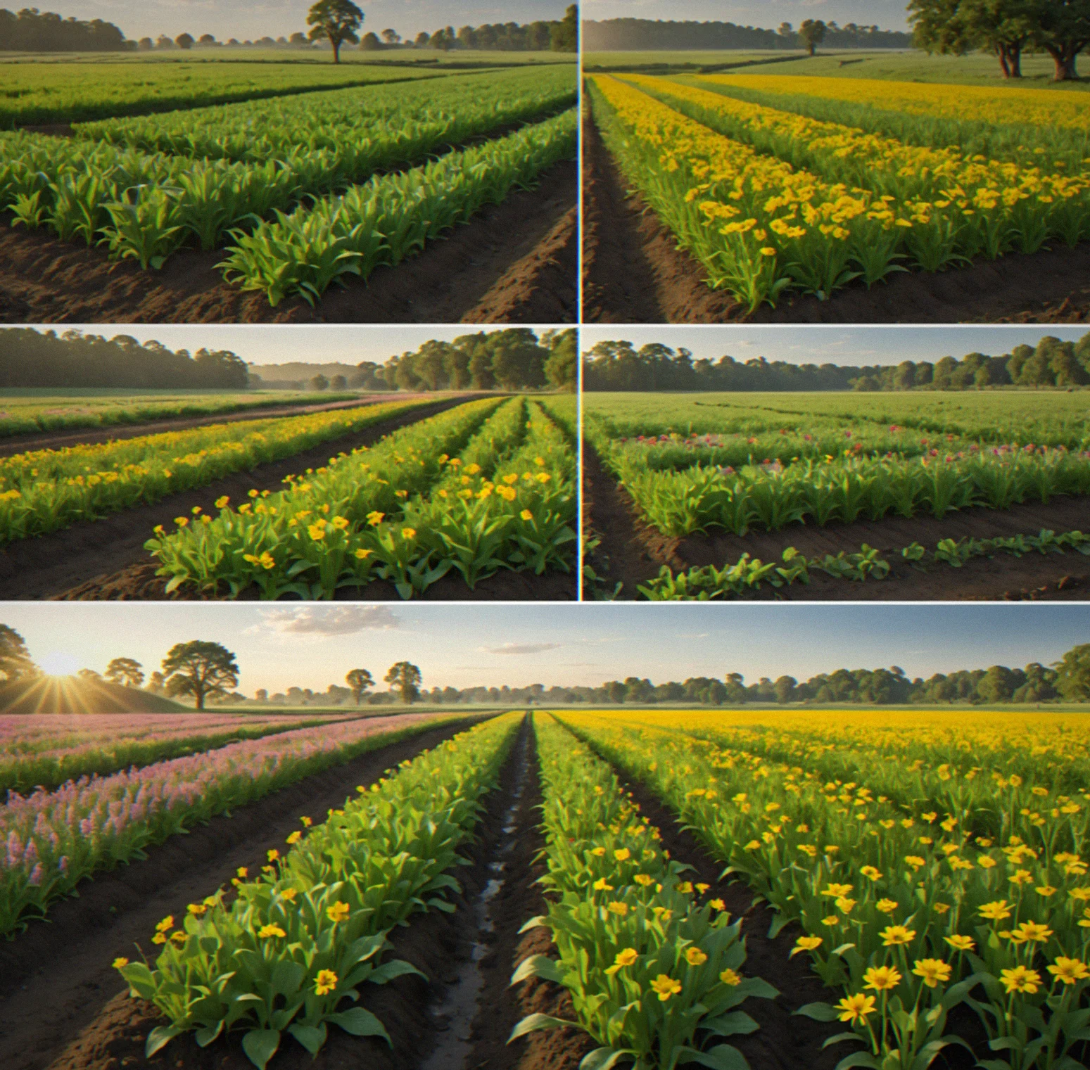 Surface farm view showing four different crop patches with their corresponding underground ecosystems displayed below, each root system and creature population visibly different