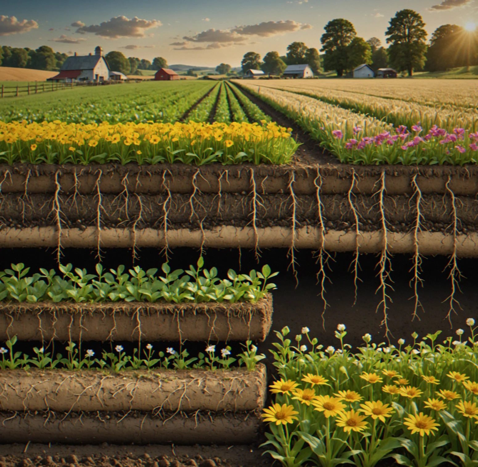 Cross-section view of a farm showing surface crops above and intricate root networkks with underground creatures and soil layers below